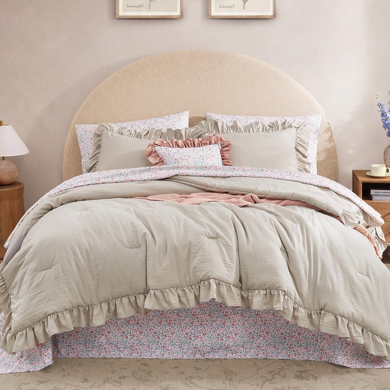 BLOOMHAVEN Full Comforter Set - 7 Pieces Ruffle Beige Bedding Sets, Shabby Chic Farmhouse Bed in a Bag Full with Ruffle Comforter, Floral Sheets, Pillowcases & Shams - Image 1