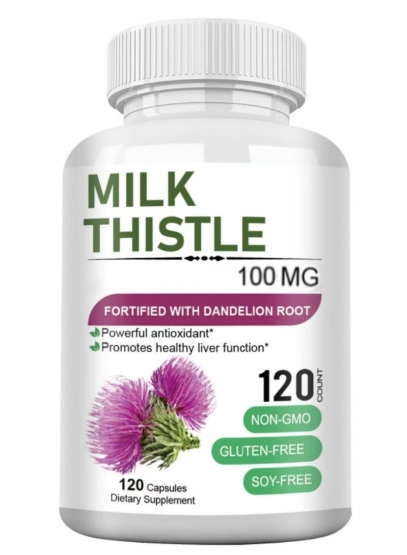Milk Silymarin Milk Thistle Extract 100mg, Liver Support and Detox, 120 Veg Capsules, Powerful Antioxidant for Liver Health and Cleansing - Image 1