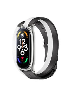 Generic Replacement Strap For Xiaomi Mi Band 7 Mijobs Plus Case Double-Loop Leather Watch Band Black+White+Silver 