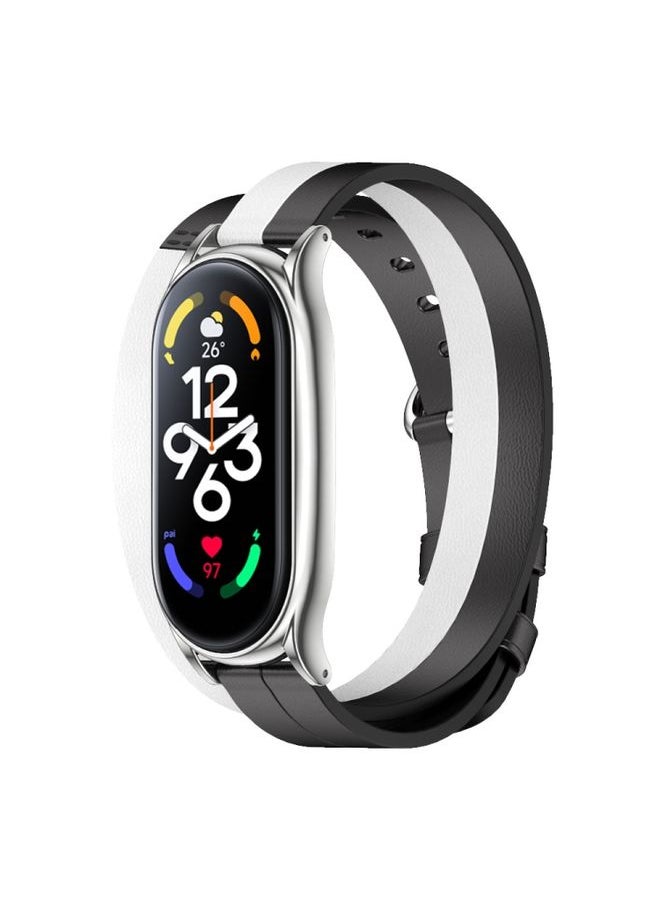 Generic - Replacement Strap For Xiaomi Mi Band 7 Mijobs Plus Case Double-Loop Leather Watch Band Black+White+Silver - Image 1