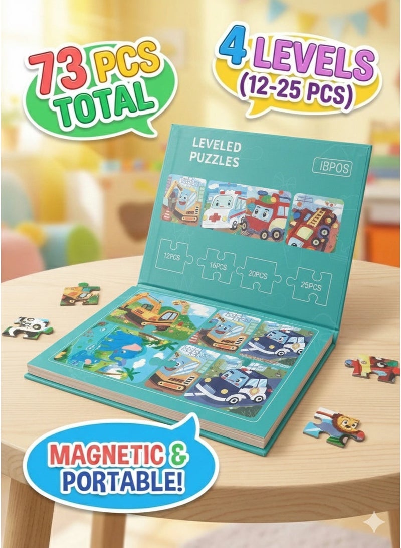 ديو تويز مجموعة أحجية مغناطيسية متدرجة 4 في 1 (73 قطعة) | مركبات البناء والطوارئ | أحجية تعليمية للأطفال - Image 1