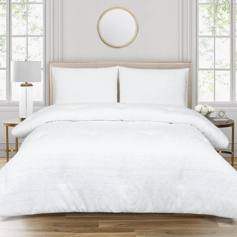 DWELL Dwell-Floral Jacquard 3Pc Comforter Set-Comforter 260 x 240 CM,Fitted Sheet 200 x 200 CM,Pillow case 50 x 80 CM-White