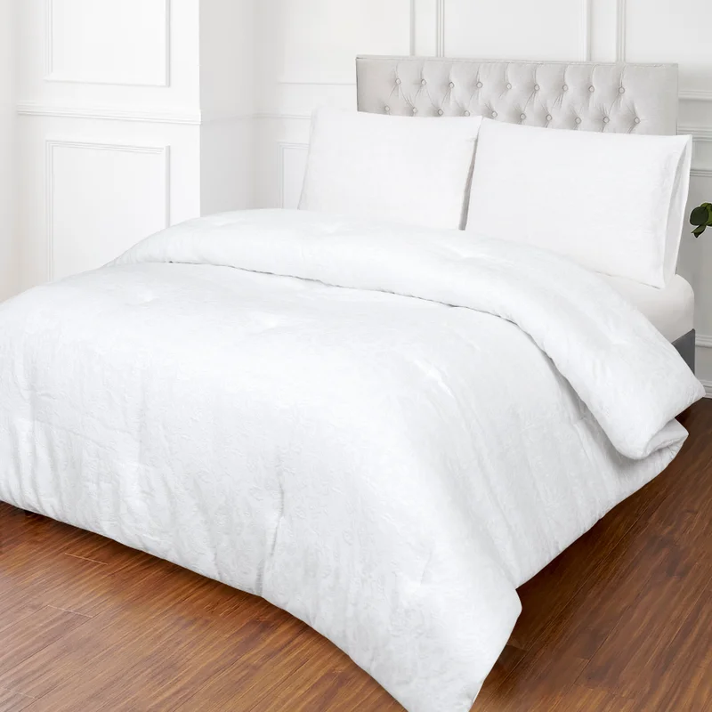 DWELL Dwell-Floral Jacquard 3Pc Comforter Set-Comforter 260 x 240 CM,Fitted Sheet 200 x 200 CM,Pillow case 50 x 80 CM-White
