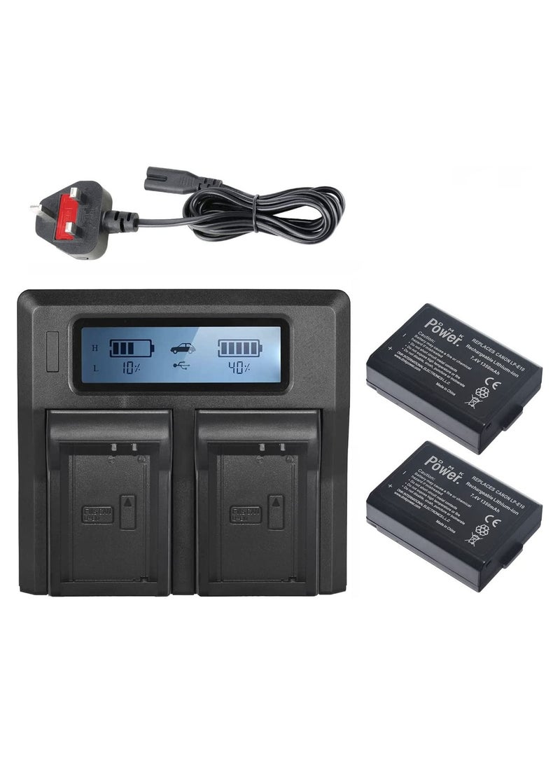 DMK Power بطاريات DMK Power LP-E10 (1350mAh) حزمة 2 مع شاحن بطارية رقمي مزدوج DC-01 متوافق مع كاميرات C' EOS Rebel T3, T5, T6, T7, K X70, T100, EOS 1100D, EOS 1200D, EOS 1300D وغيرها - Image 1