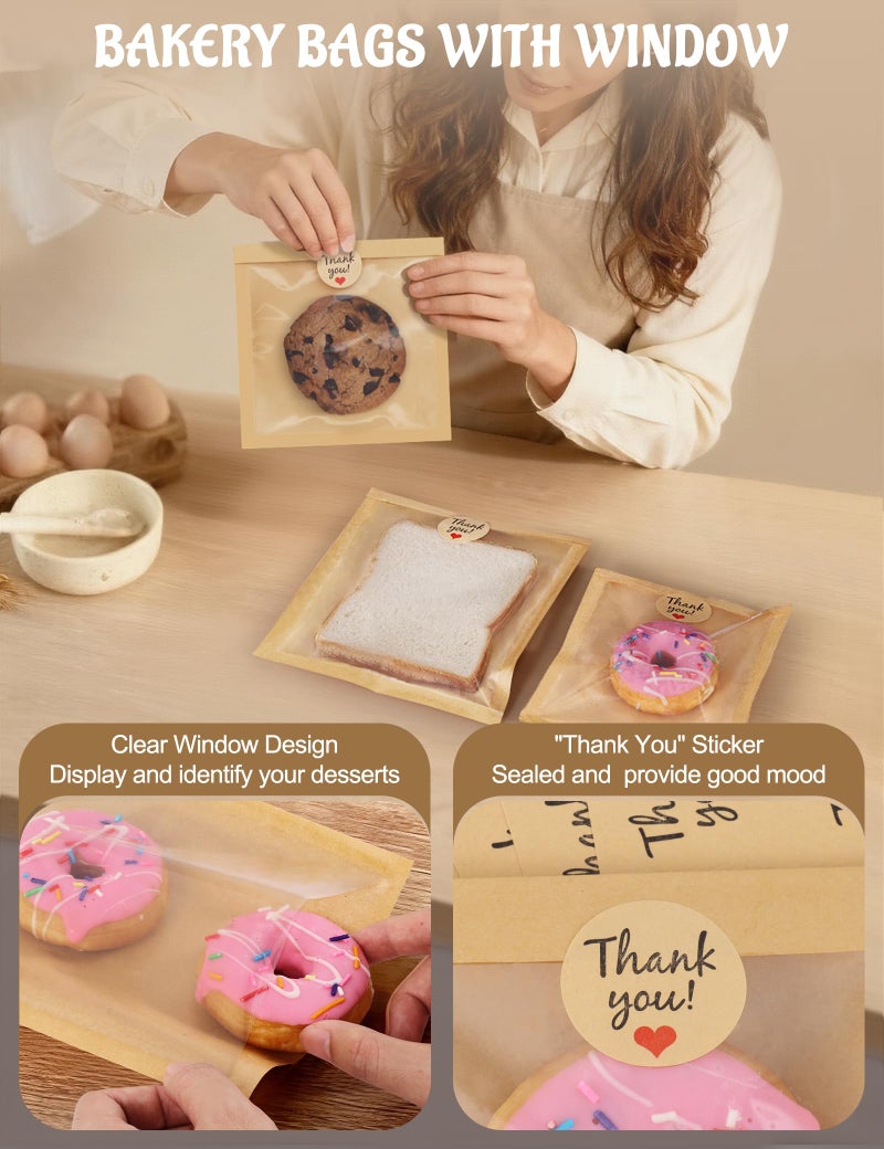 FireKylin 100 Pack Cookie Bags with Heat Sealing, 5.7 x 6.5 Inch Bakery Bags with Window, Grease Resistant Cookie Packing for Treats, Baked Goods, Bagel, Cake Slice, Sandwich (5.7"x6.5"-100pcs) - Image 2