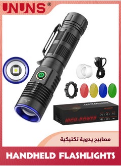 UNUNS 5-In-1 LED Flashlight,Rechargeable Tactical Flashlight,2000 Lumen Powerful Flashlights,Zoomable Flash Light,4 Modes Lights With Multicolour Lens,Handheld Flashlamp For Emergency Camping Hiking  - Image 1