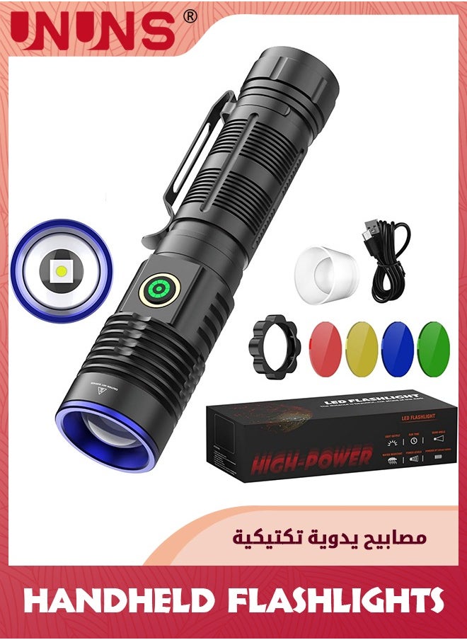 UNUNS - 5-In-1 LED Flashlight,Rechargeable Tactical Flashlight,2000 Lumen Powerful Flashlights,Zoomable Flash Light,4 Modes Lights With Multicolour Lens,Handheld Flashlamp For Emergency Camping Hiking - Image 1