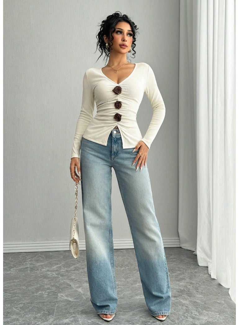 SHEINWomen's V-Neck Casual Commuter Fitted Long Sleeve T-Shirt With 3D Floral Decor For Spring Fall - Image 2