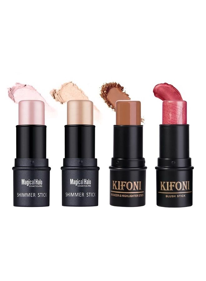 Sumeitang 4PCS Contour Stick - Highlighter And Cream Blush Stick 4 Colors Kit - Moisturizer, Face Brightens & Shades Pencil, Facial Shaping Makeup Sticks for Older Women & Mature Skin - Image 1