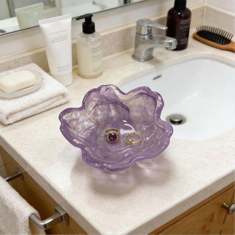 BESSKON Flower Ring Dish Jewelry Tray, Glass Jewelry Dish Tray, Aesthetic Room Decor Small Trinket Dish, Nightstand Ring Holder Dish, Bathroom Jewelry Plate Bowl for Earrings (Watercolor Violet Purple) - Image 5