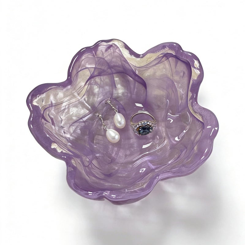 BESSKON Flower Ring Dish Jewelry Tray, Glass Jewelry Dish Tray, Aesthetic Room Decor Small Trinket Dish, Nightstand Ring Holder Dish, Bathroom Jewelry Plate Bowl for Earrings (Watercolor Violet Purple) - Image 1