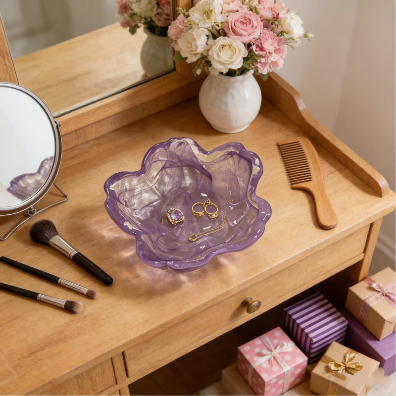 BESSKON Flower Ring Dish Jewelry Tray, Glass Jewelry Dish Tray, Aesthetic Room Decor Small Trinket Dish, Nightstand Ring Holder Dish, Bathroom Jewelry Plate Bowl for Earrings (Watercolor Violet Purple) - Image 3