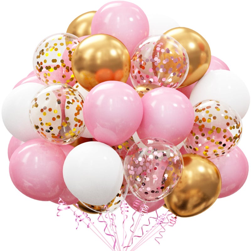 OuMuaMua 62Pcs Pink Gold Confetti Latex Balloons Kit, 12 Inch Pink White Gold Helium Balloons Party Supplies for Confession Proposal Wedding Girl Birthday Baby Shower Party Decoration - Image 1