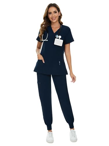COZYFIT طقم COZYFIT للنساء - بلوزة سكراب بفتحة V وسروال جوجر مع 8 جيوب، حزام يوغا، مضاد للتجاعيد، تصميم نحيف - أزرق داكن، XS - Image 2