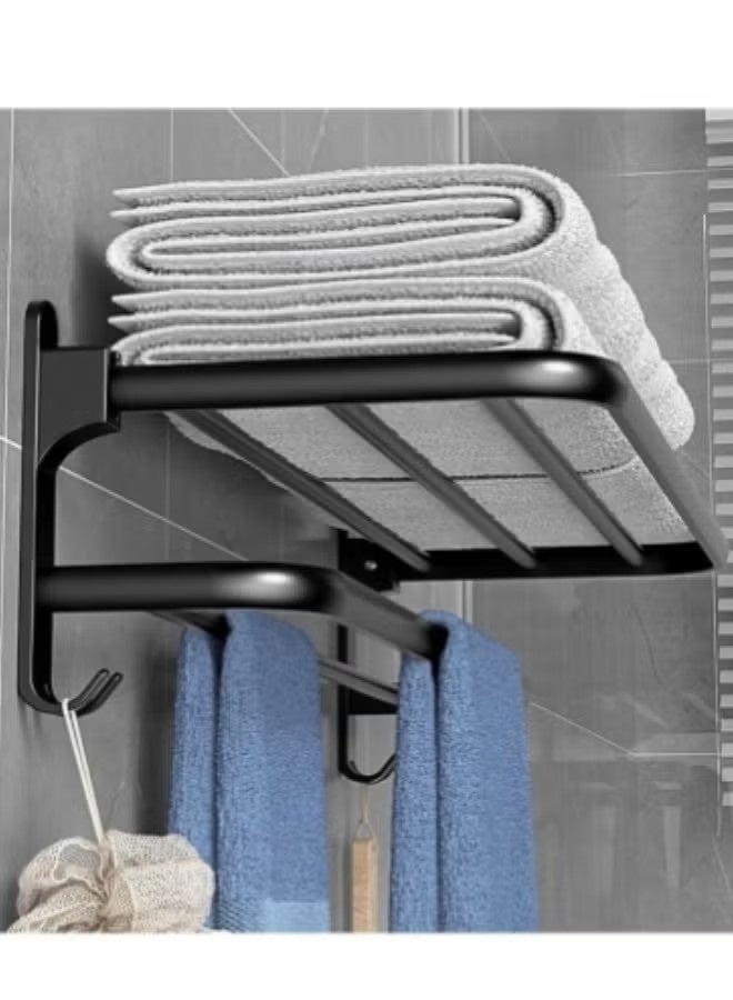 Beauenty Bathroom Towel Rack Organlzer Non Perforated Storage Rack Wall Mounted Foldable Towel Shelf with Towel Bar Storage Rack Brushed Holder for Folding Large Towels Hotel Towel Rack Wall Mounted with Hooks (Black) - Image 4