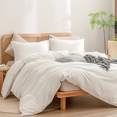 BESTOUCH Duvet Cover Set 100% Washed Cotton Linen Feel Super Soft Comfortable Chic Lightweight 3 PCs Home Bedding Set Solid Off White Full/Double - Image 4