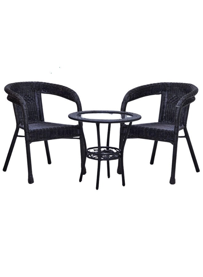 SULSHA كراسي تناول الطعام الخارجية المزدوجة كراسي من الروطان كراسي حديقة ومجموعة طاولة مستديرة باللون البني الداكن - Image 1