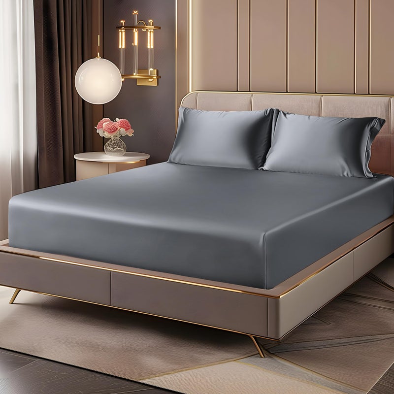 BEDELITE Satin Fitted Sheet and Pillowcases Set, Luxury Soft Similar to Silk Bottom Bed Sheet with Elastic Corner Straps, Deep Pocket up to 15 Inch, 1 Fitted Sheet and 2 Pillowcases(King, Dark Grey) - Image 1
