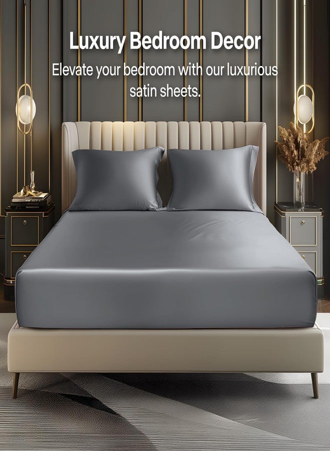 BEDELITE Satin Fitted Sheet and Pillowcases Set, Luxury Soft Similar to Silk Bottom Bed Sheet with Elastic Corner Straps, Deep Pocket up to 15 Inch, 1 Fitted Sheet and 2 Pillowcases(King, Dark Grey) - Image 2