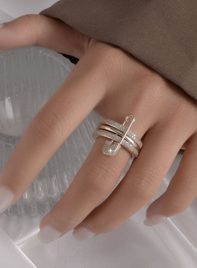 مجموعة من ثلاثة حلقات قابلة للفصل، مرصعة بزركونيا مكعب - خاتم قابل للتعديل الحجم بثلاثة ألوان للنساء، خاتم بروش مرصع بقطع صغيرة من الزركونيا المكعبة، سوار مجوهرات. - Image 5