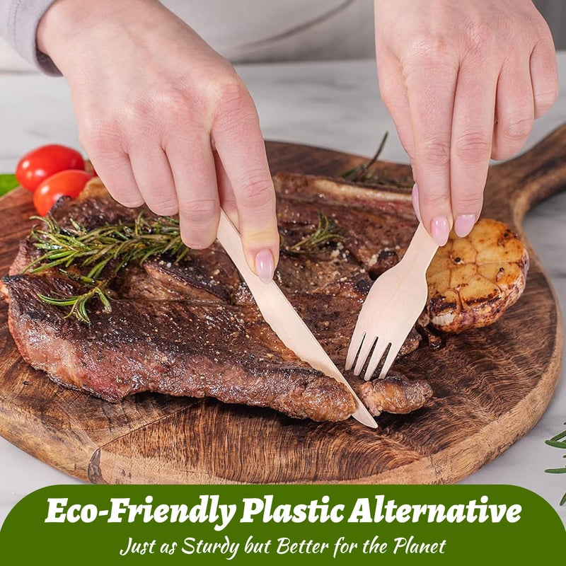 ANTETOK Disposable Wood Cutlery Knives - 300 Pack Wooden Knives Disposable Biodegradable and Earth Friendly  6.3 Inch Length Wood Knives  - Image 4