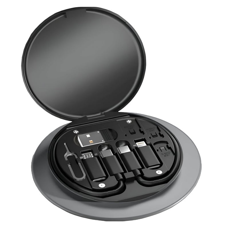Multi-Function Charging Cable Organiser Kit with 60W Fast Charging, Type-C to Lightning/Micro USB Adapters, SIM Card Slots, Phone Stand, Compact Storage Case, Black - Keep Cables Tidy and Charge Multi
