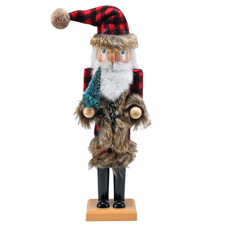 Ornativity Christmas Nostalgic Santa Nutcracker Red and Black Wooden Nut Cracker Santa Clause Man with Buffalo Brown Fur Plaid Coat Holding a Xmas Tree Themed Holiday Doll Figure Decorations 15