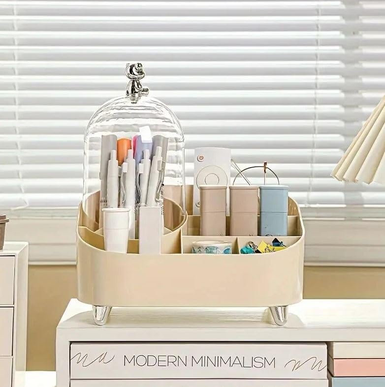 Azelf Organize your cosmetics in style with this elegant makeup storage box, featuring a clear cover, integrated brush holder, and lipstick rack - Image 4