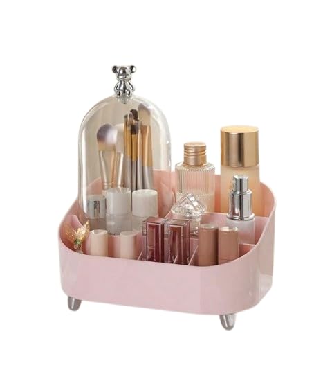 Azelf Organize your cosmetics in style with this elegant makeup storage box, featuring a clear cover, integrated brush holder, and lipstick rack - Image 1