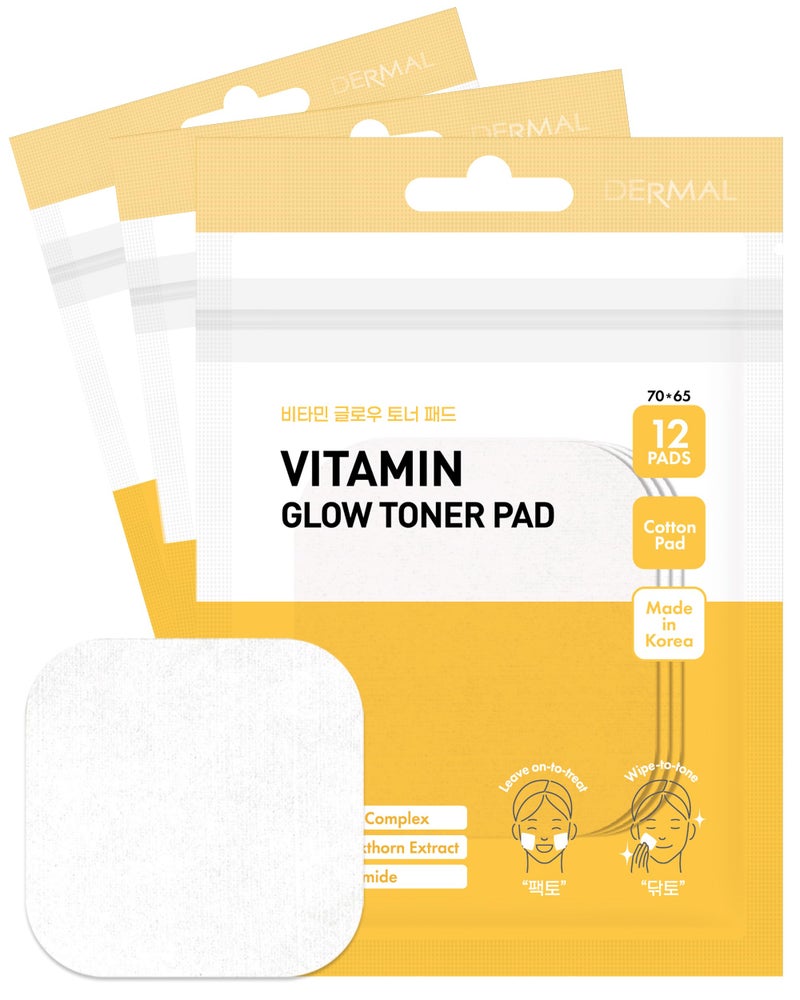 DERMAL Vitamin Toner Pad - Korean Toner Pad for Skin Glow & Vitality Improvement with Vitamin C - Vegan Pure Cotton Square Pads - Travel Kit 12 ea, 3 Pack (Total 36 ea) - Image 1