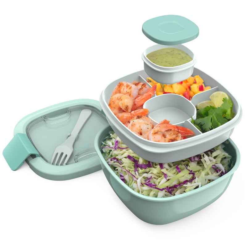 Bentgo All-in-One Salad Container - Large Salad Bowl  Bento Box Tray  Leak-Proof Sauce Container  Airtight Lid  & Fork for Healthy Adult Lunches; BPA-Free & Dishwasher/Microwave Safe (Coastal Aqua) - Image 1