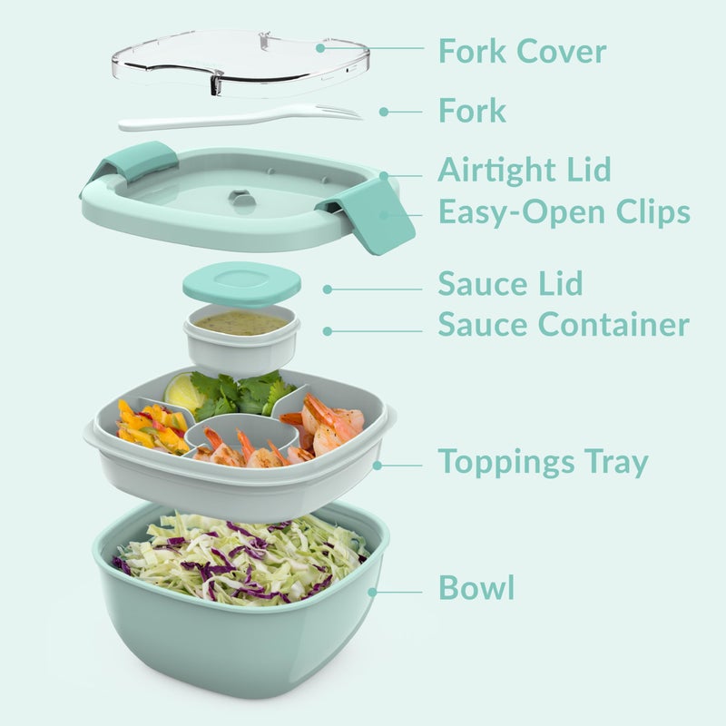 Bentgo All-in-One Salad Container - Large Salad Bowl  Bento Box Tray  Leak-Proof Sauce Container  Airtight Lid  & Fork for Healthy Adult Lunches; BPA-Free & Dishwasher/Microwave Safe (Coastal Aqua) - Image 5