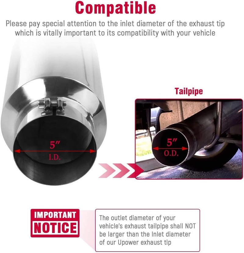 U-Power Diesel Exhaust Tip 5" Inlet 7" Outlet 15" Long Stainless Steel Polished Bolt-On Tail Pipe 5" to 7" Universal for Trucks Car - Image 2