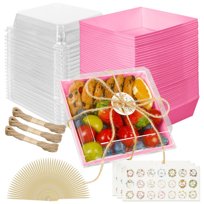 MonYouGe 5 Inches Small Charcuterie Boxes with Clear Lids and Bamboo Skewers, 50 Pack Disposable To Go Paper Mini Charcuterie Containers Dessert Boxes for Sandwich, Cookie, Sushi and Cake Slice - Image 1