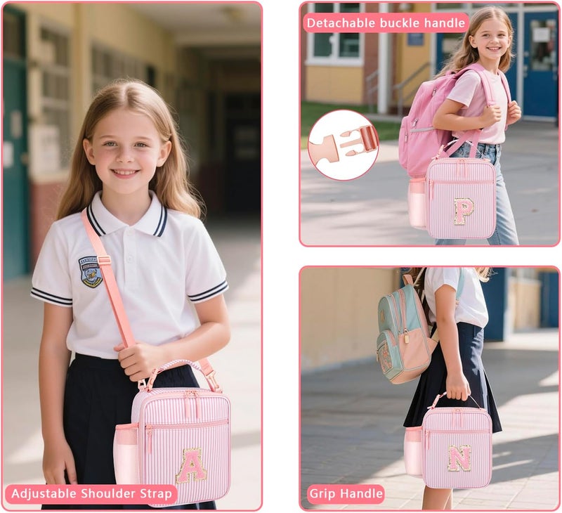 CLOUDWINGS Insulated Lunch Bag for Kids - Initial Cute Leak-Proof Lunch Box for Girls with Adjustable Strap, Back to School Gift (H-Pink) - Image 2