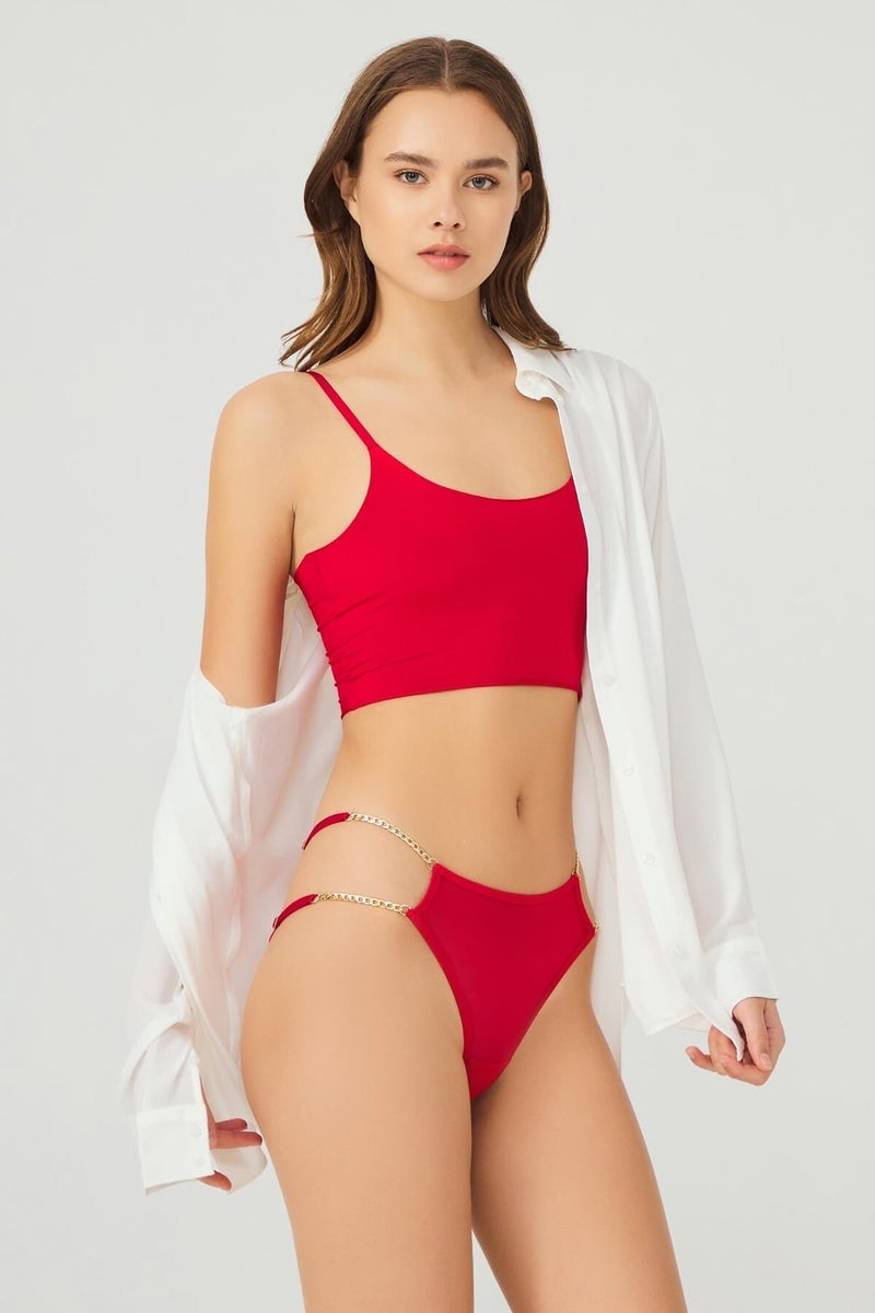 COTTONHILL Red Tulle Adjustable Elastic Brazilian Panties - Image 1