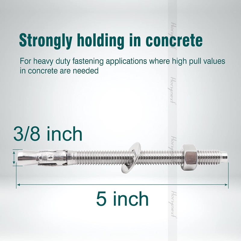 Horiznext 3/8"x 5" inch Stainless Steel Standard Strong Wedge Anchor, Fasteners for Concrete (4 pcs) - Image 2