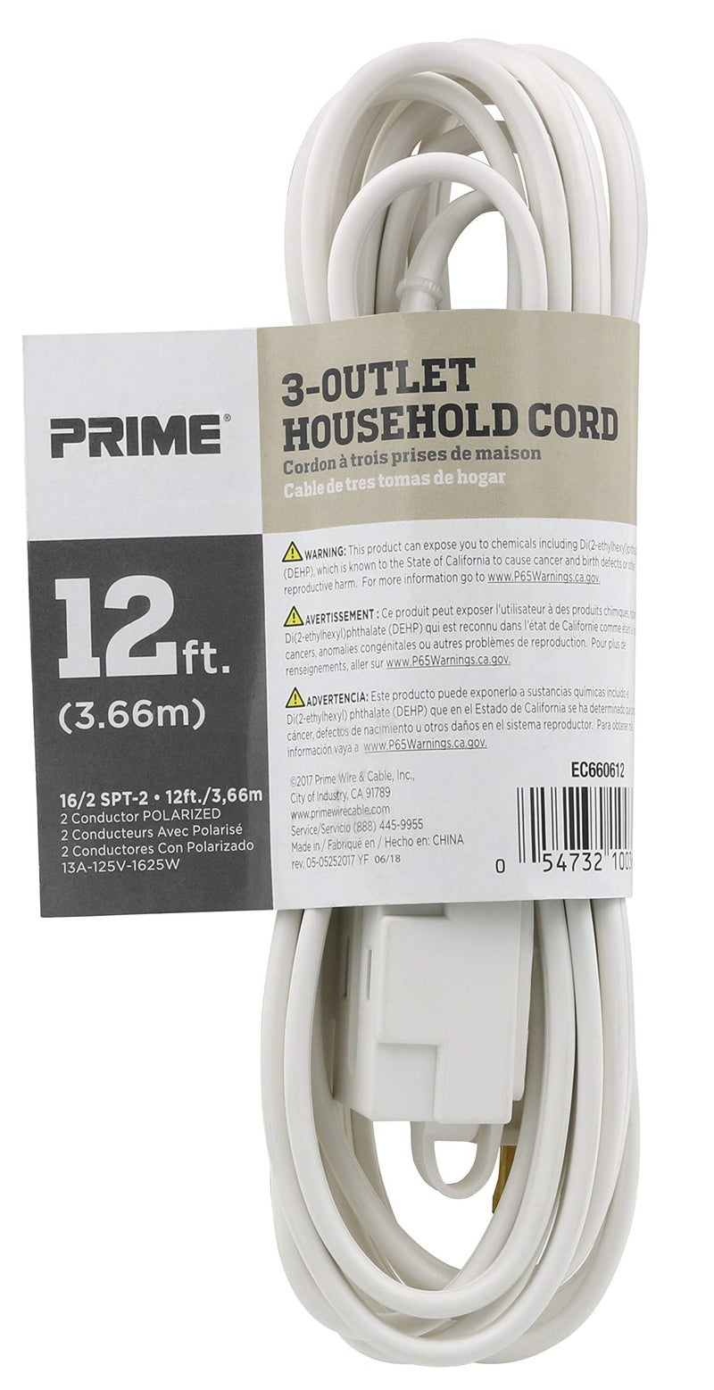 Prime Wire & Cable سلك وكابل برايم EC660612 بطول 12 قدم 16/2 SPT-2 مع 3 مآخذ داخلية، أبيض - Image 3