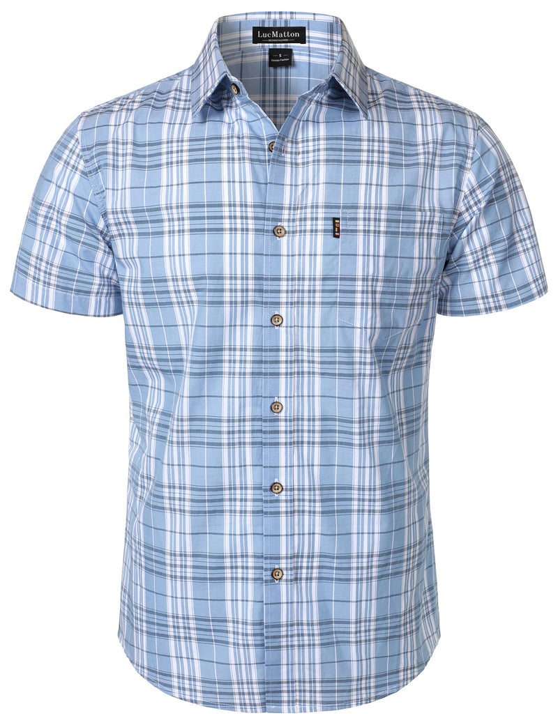 LucMatton Men's Gingham Short Sleeve Button Down Shirt Cotton Regular Fit Plaid Dress Shirts with Pocket Blue Large - Image 1