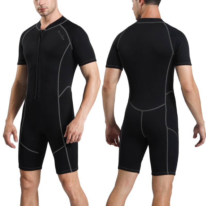 OMGear Wetsuit 3mm Neoprene Short Sleeve Diving Wet Suit Women Men Thermal Shorty Swimsuit for Adults UV Protection for Surfing Snorkeling Scuba Diving Swimming(Grey,S) - Image 2