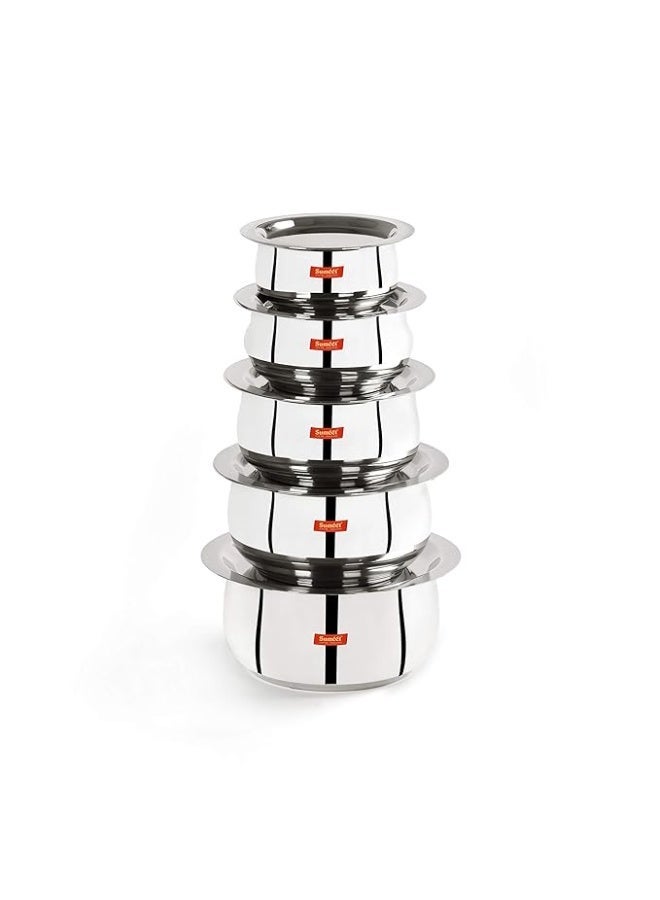 Sumeet Stainless Steel Belly Shape 5 Pc Tope/Cookware/Pot Set with Lid 380ML, 500ML, 780ML, 1.1Ltr, 1.4Ltr, (Silver) - Image 1