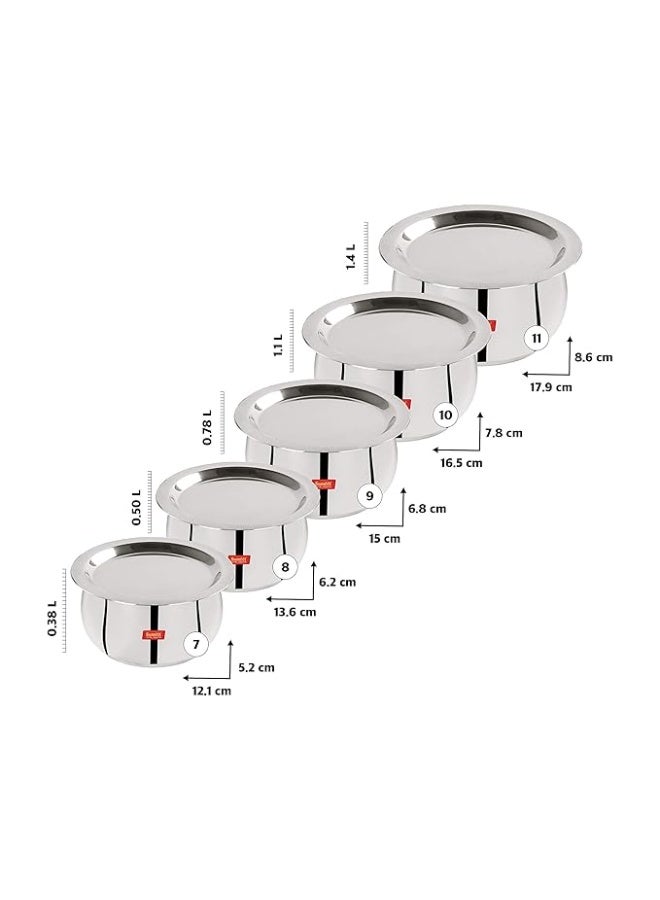 Sumeet Stainless Steel Belly Shape 5 Pc Tope/Cookware/Pot Set with Lid 380ML, 500ML, 780ML, 1.1Ltr, 1.4Ltr, (Silver) - Image 2