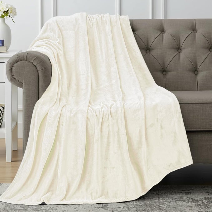 FLEECE BLANKET THROW SIZE IVORY 300GSM LUXURY ANTISTATIC FUZZY SOFT MICROFIBER BLANKET FOR COUCH SOFA AND BED 60X50 INCH