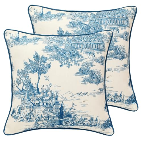 patdrea Designer Square Throw Pillow Covers Set of 2Rustic Linen with Chinoiserie Blue Scenery Pattern Pillows CoverDecorative Pillowcases Cushion for Bed Living Room Outdoor Car18 x18 Inches - Image 1