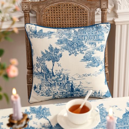 patdrea Designer Square Throw Pillow Covers Set of 2Rustic Linen with Chinoiserie Blue Scenery Pattern Pillows CoverDecorative Pillowcases Cushion for Bed Living Room Outdoor Car18 x18 Inches - Image 3
