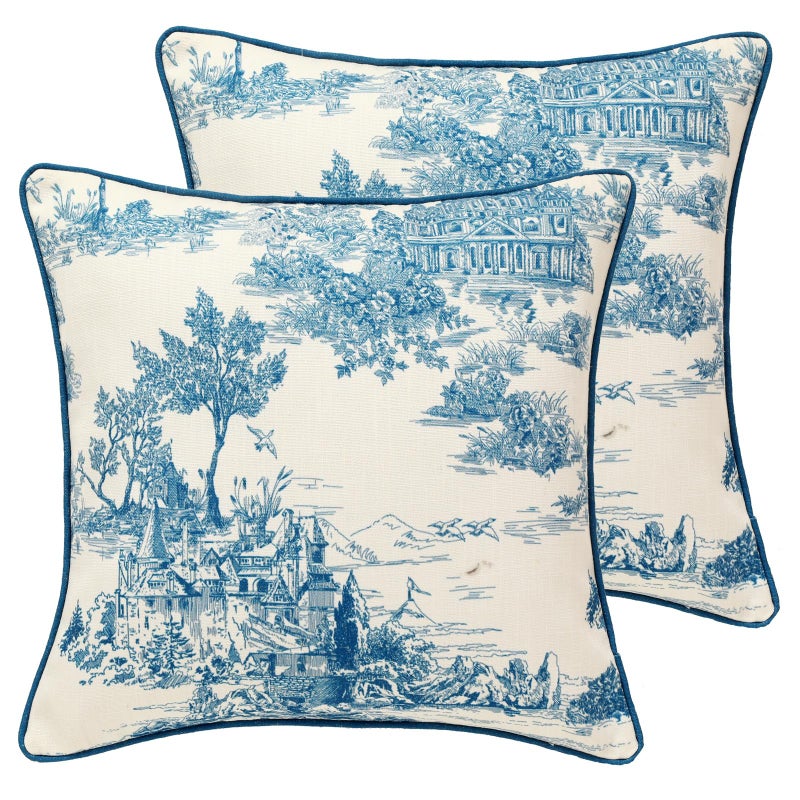 patdrea Designer Square Throw Pillow Covers Set of 2Rustic Linen with Chinoiserie Blue Scenery Pattern Pillows CoverDecorative Pillowcases Cushion for Bed Living Room Outdoor Car18 x18 Inches - Image 2