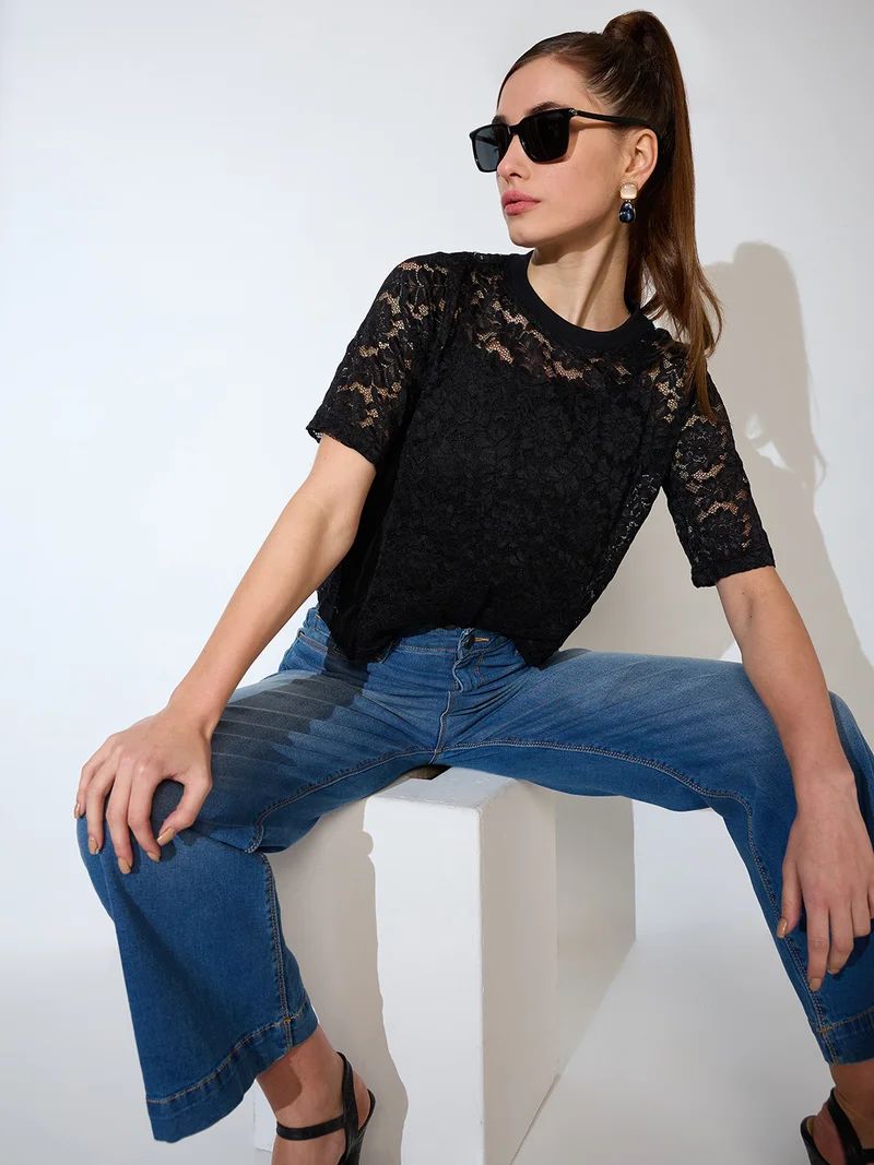 globus Women Round Neck Short Sleeves Floral Lace Party Top