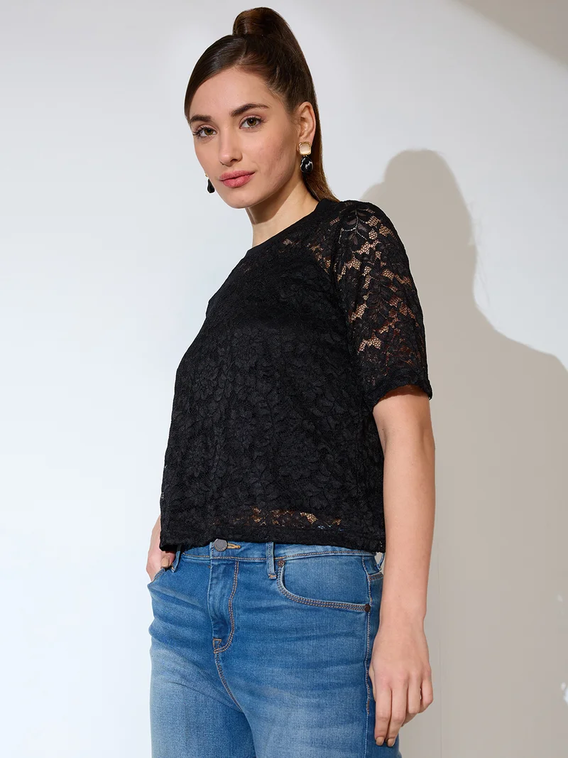 globus Women Round Neck Short Sleeves Floral Lace Party Top