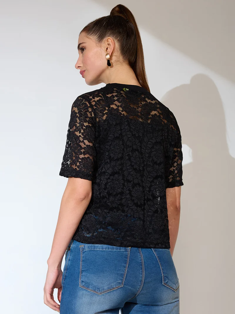 globus Women Round Neck Short Sleeves Floral Lace Party Top