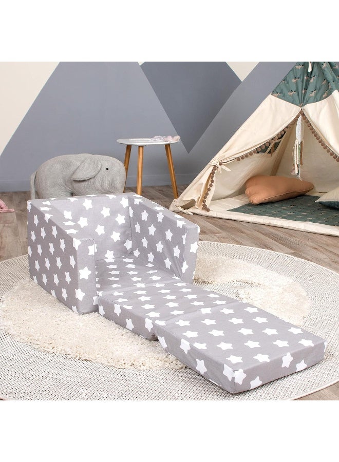 Delsit Kids Couch for Toddlers - 2 in 1 Convertible Foam Armchair to Lounger, Gray with Stars - Image 2